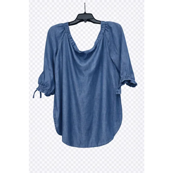 Cato Chambray Off Shoulder Peasant Blouse 18/20W Plus Size Blue Tencel - Picture 3 of 6
